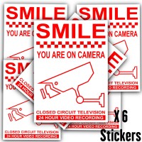 6 x Smile You Are On Camera-Red on White 120mm-Monitoring CCTV Video Recording Camera Security Warning Stickers-Self Adhesive Vinyl Sign 